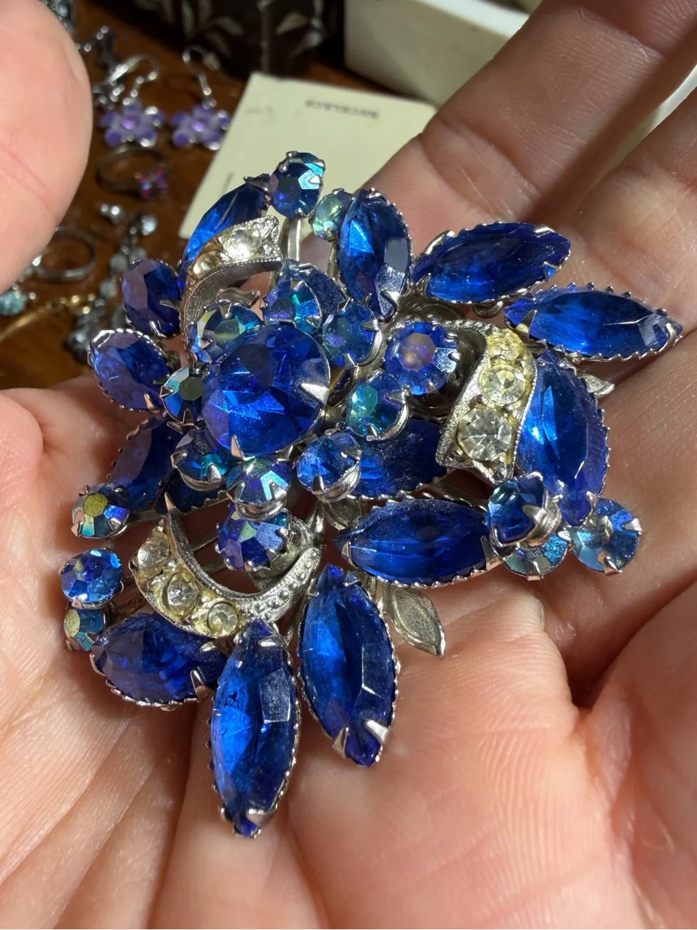 Vintage JUDY LEE Silver Tone Flower Corsage Blue Clear Rhinestones Brooch